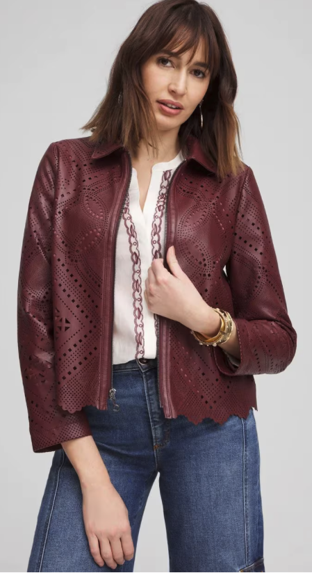 Chicos Cutout Faux Burgundy Leather Jacket