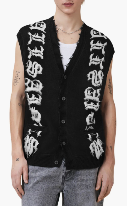 All Saints Scripture Distressed Graphic Button-Up Sweater Vest