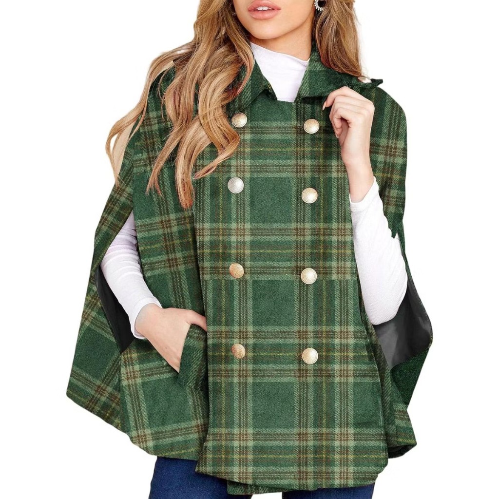 Green Imily Bela Women's Winter Double-Breasted Plaid Cape Coat