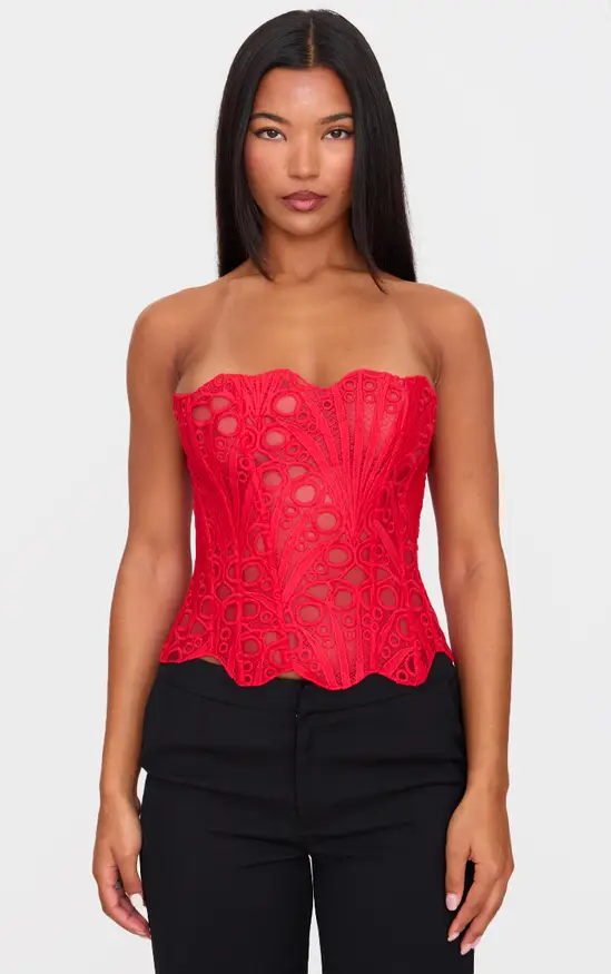 Pretty Little Thing Red Textured Sheer Floral Lace Corset
